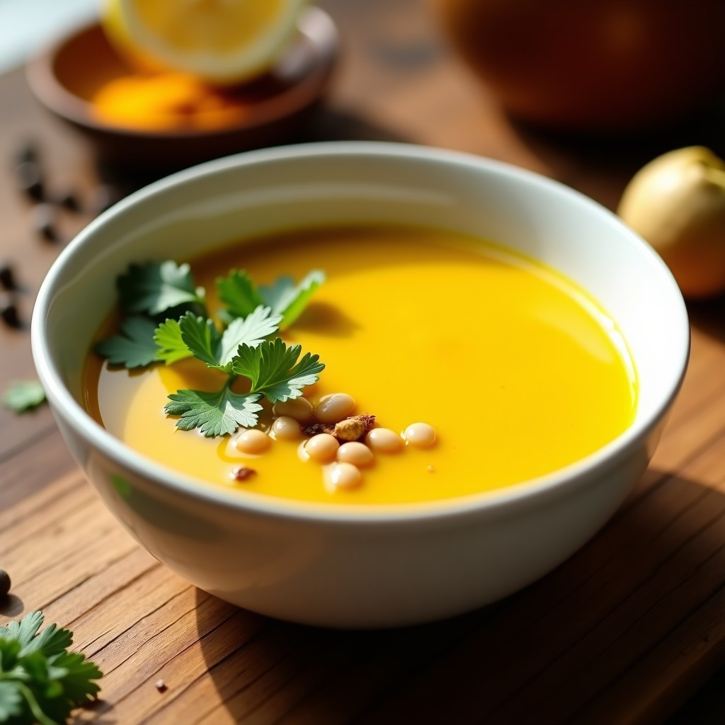 Cuenco de cerámica blanca con sopa cremosa de color amarillo dorado de frijoles mungo y cúrcuma, decorada con hojas de cilantro fresco y un hilo de zumo de limón, sobre fondo de madera rústica con especias esparcidas.