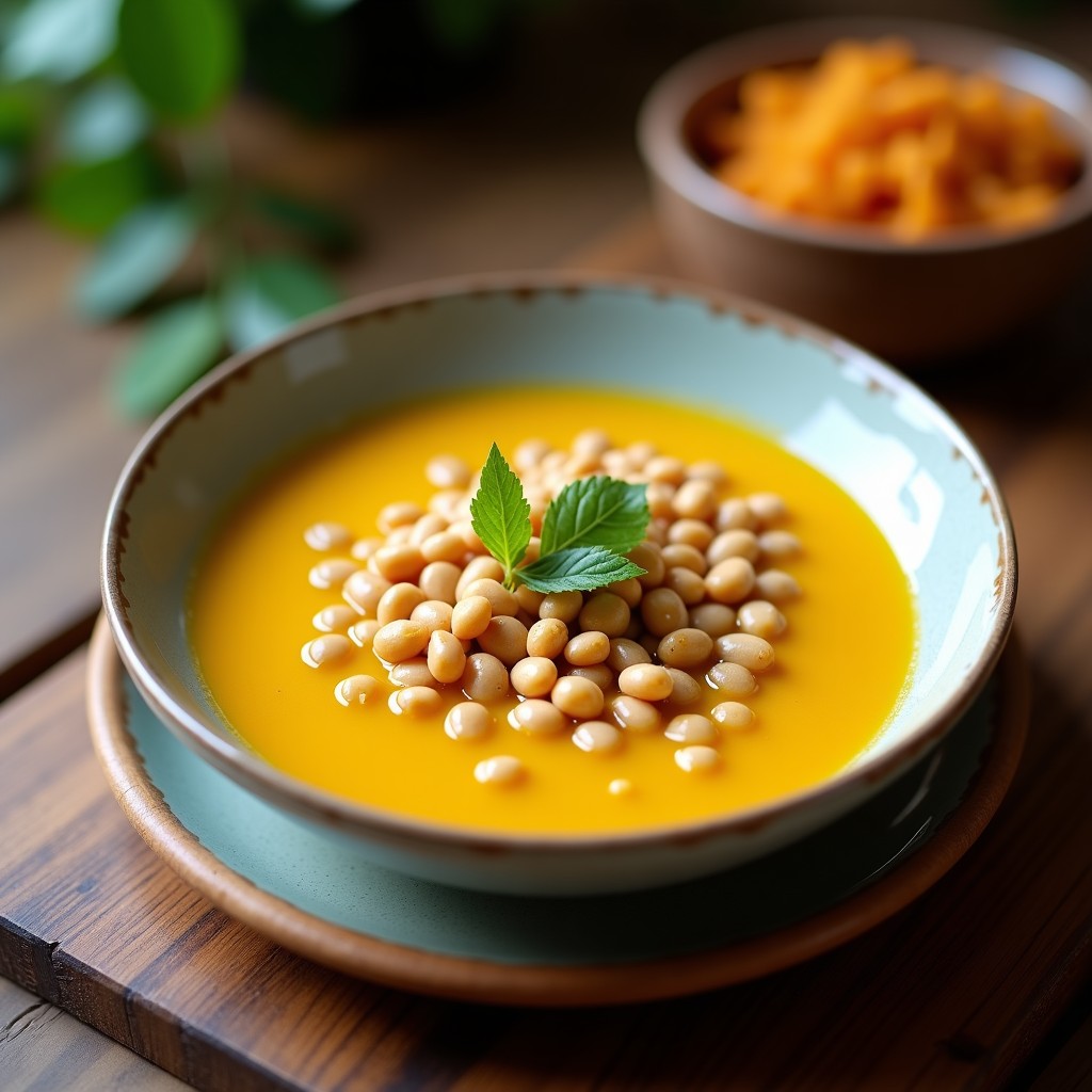 Plato hondo de cerámica oscura con sopa cremosa de frijoles mungo amarillos, decorada con crujiente de coco dorado y hojas de cilantro fresco. Fondo rústico con especias y copos de coco dispersos.