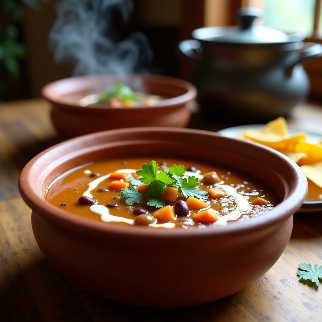 Plato hondo de barro con sopa espesa de frijoles negros y calabaza en trozos, bañada con crema de coco y decorada con cilantro fresco. Al fondo, totopos dorados y una olla de presión humeante. Receta de sopa de frijoles negros y calabaza con chipotle.