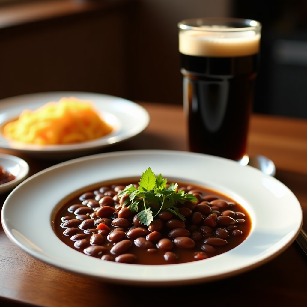 Tazón hondo de barro lleno de sopa espesa de frijoles negros con cerveza negra, decorado con cilantro fresco y rodajas de limón, servido sobre una mesa rústica de madera con una cerveza oscura al lado.