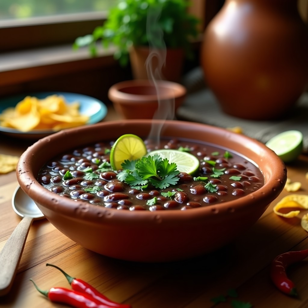 Sopa cremosa de frijoles negros en cuenco de barro, decorada con cilantro fresco, chile piquín y un hilo de aceite de oliva. Plato tradicional mexicano vegano preparado en Thermomix.