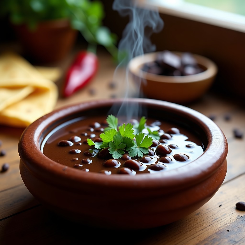 Sopa espesa de frijoles negros en un cuenco de barro, coronada con virutas de chocolate negro y hojas de epazote fresco, con fondo de cocina tradicional mexicana.