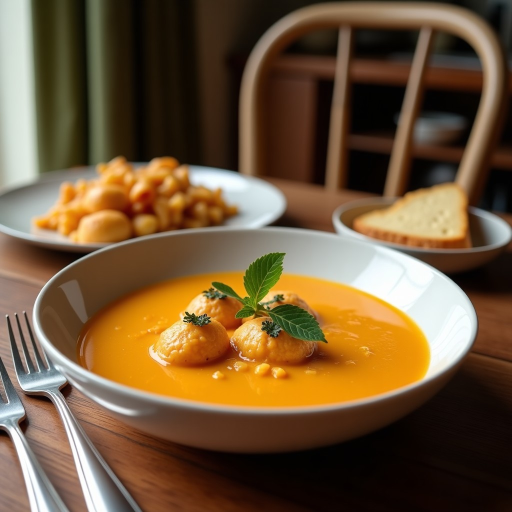 Cazuela de barro humeante con sopa de galleta andaluza, mostrando trozos de galleta, hilos de huevo cuajado y perejil fresco. Plato tradicional español servido en cuenco rústico.