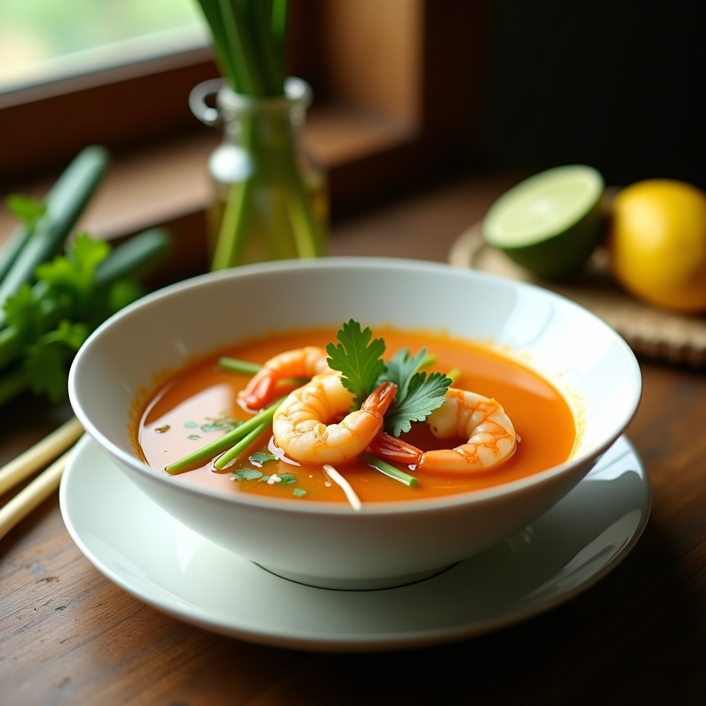 Cuenco hondo de cerámica blanca con sopa tailandesa de gambas rosadas y caldo dorado, decorado con hojas de limón kaffir, hierba limón y cilantro fresco. Al fondo, rodaja de lima y tallos de hierba limón en una mesa de madera rústica.