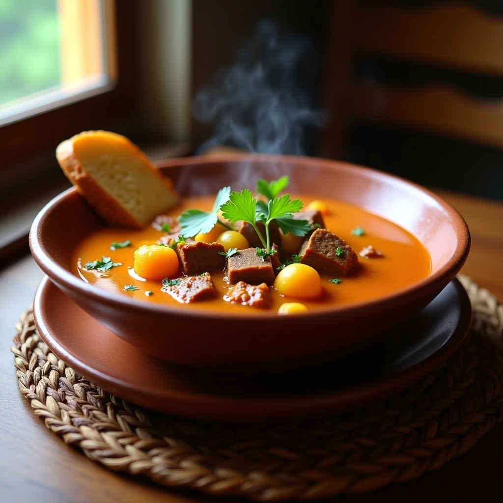 Plato hondo de barro con sopa de gaután venezolana: trozos de yuca dorada y carne de res en un caldo espeso y aromático, decorado con cilantro fresco y servido con una rebanada de pan. Receta tradicional en olla exprés.