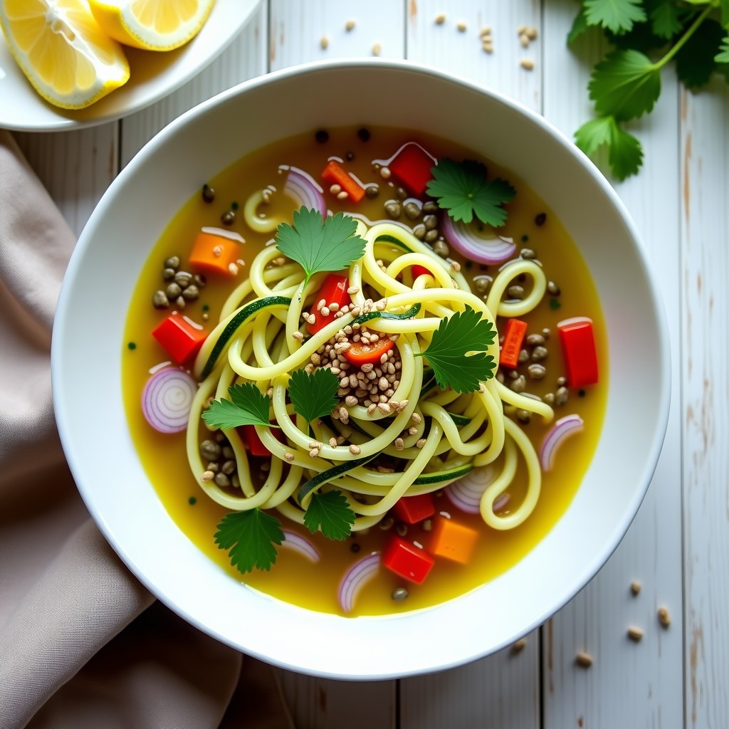 Bol hondo blanco con sopa crudivegana detox de germinados de alfalfa y brotes de lenteja, linguini de calabacín fresco, rodajas de pimiento rojo, cebolla morada y semillas de sésamo. Decorado con hojas de cilantro y gajos de limón sobre fondo de madera clara.