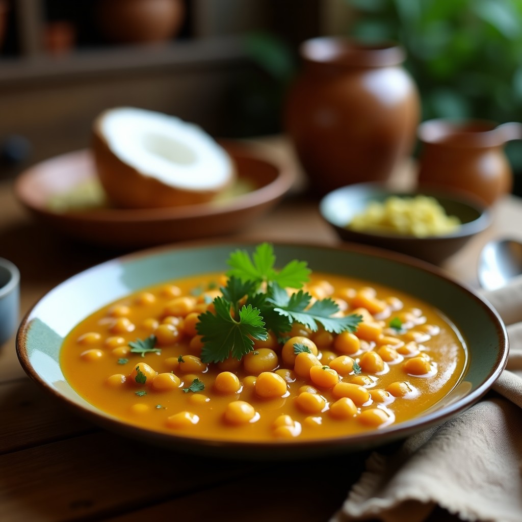 Cuenco de cerámica blanca con sopa de guandú cremosa de color beige, decorada con hojas de cilantro fresco y un hilo de leche de coco. Acompañada de tostones en un plato de madera rústica, sobre un mantel de lino con tonos tierra. Receta vegana dominicana en Thermomix.
