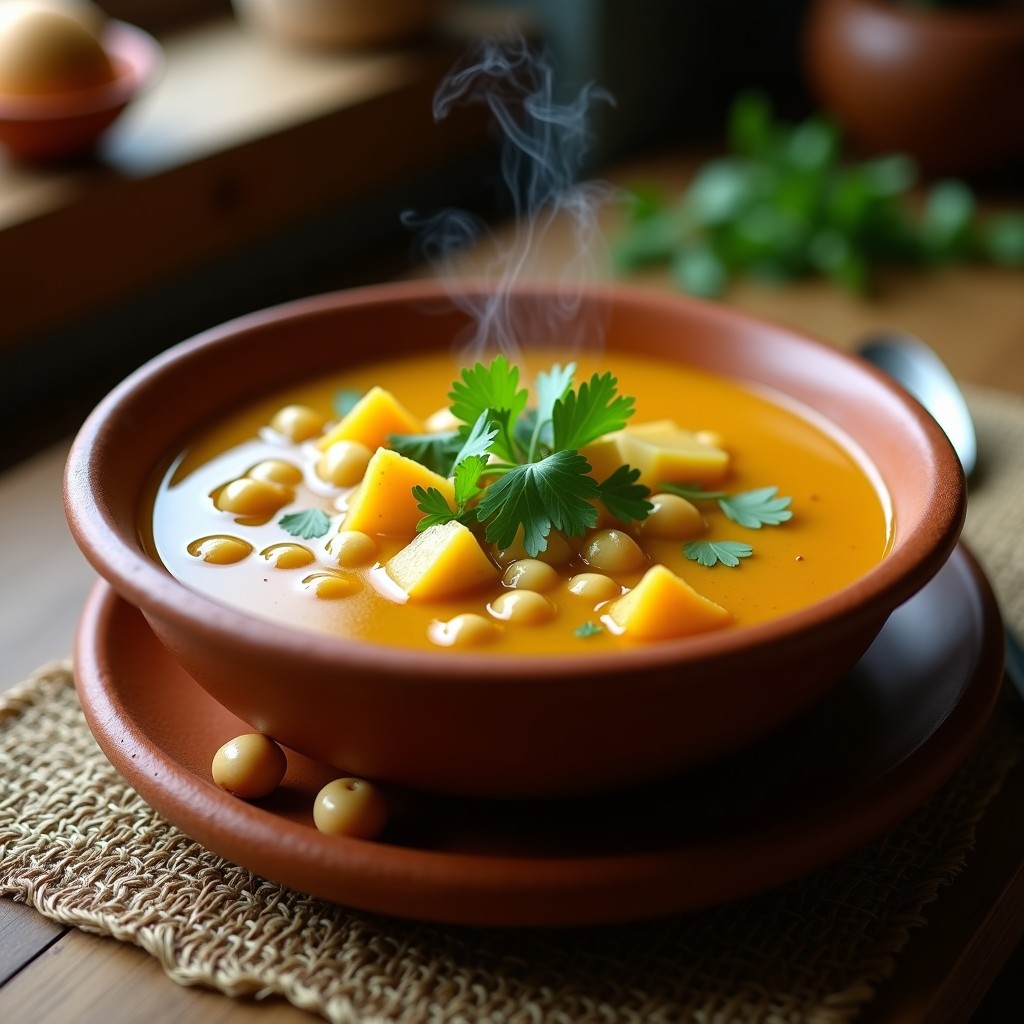 Plato hondo de barro con sopa de guandú espesa, trozos de yuca dorada y cilantro fresco picado, servida en olla express con vapor visible.