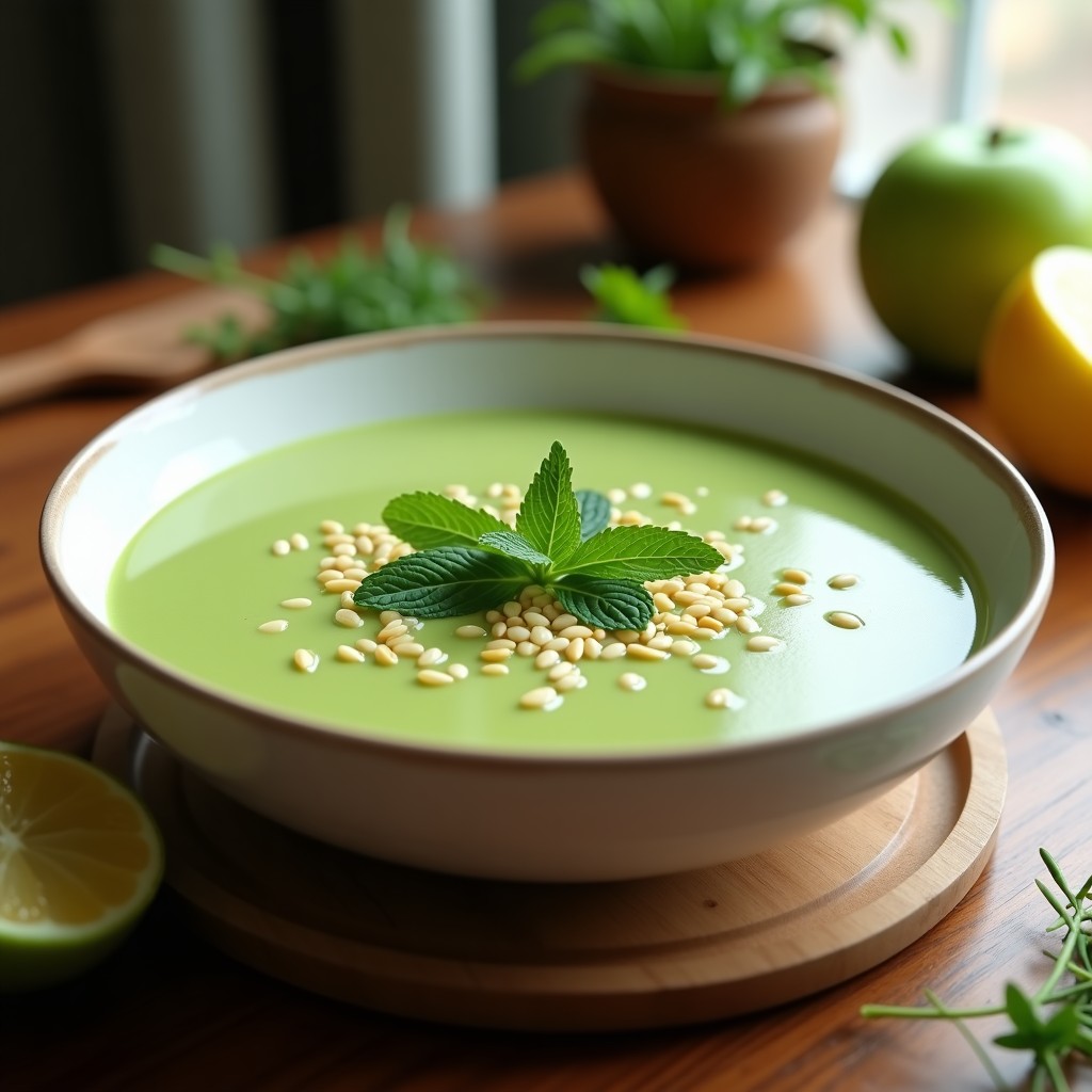 Plato hondo de cerámica blanca con sopa cremosa de hinojo y manzana verde, decorada con hojas de cilantro fresco y semillas de sésamo. Fondo rústico con textura de madera y luz natural suave.