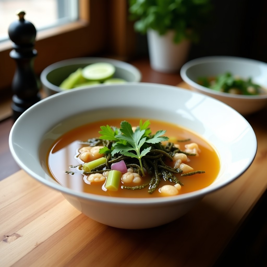 Tazón de cerámica blanca con sopa de hongo reishi y jengibre, caldo dorado y transparente con trozos de cebolla morada, apio y algas wakame. Decorado con cilantro fresco y un hilo de aceite de sésamo. Plato depurativo y alto en antioxidantes preparado en Thermomix.