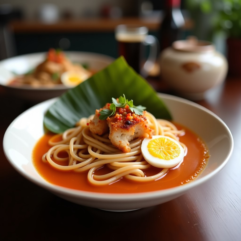 Cuenco hondo de cerámica blanca con sopa japonesa de udon, fideos gruesos en caldo dorado, tiras de pollo teriyaki, zanahoria y cebolla morada, decorado con cebollino y semillas de sésamo.