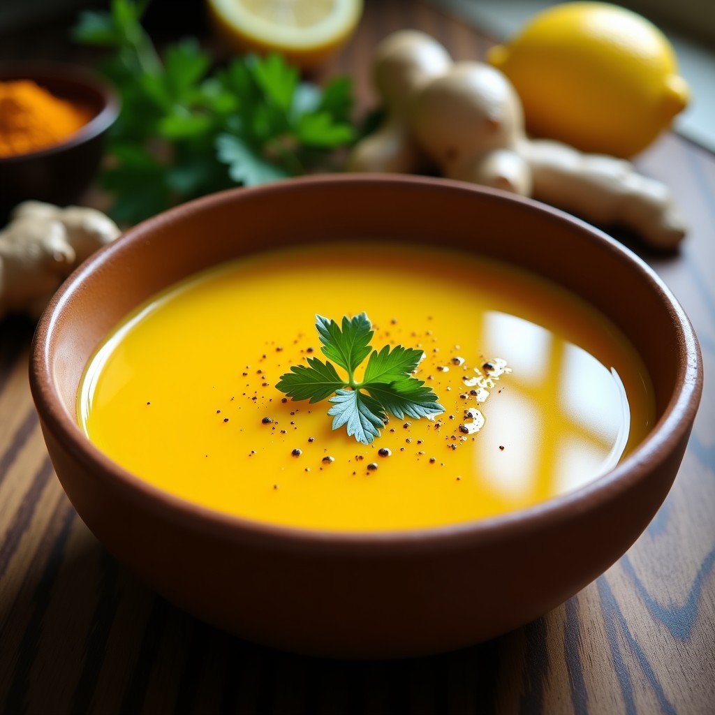 Tazón de sopa humeante de jengibre, limón y cúrcuma, con rodajas de limón y perejil fresco, servida en recipiente rústico de barro sobre fondo de madera oscura.