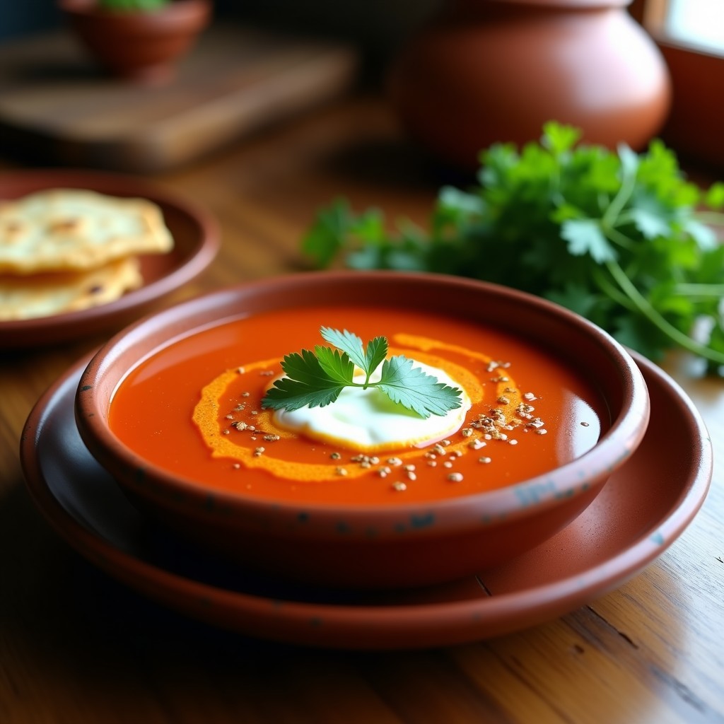Plato hondo de barro con sopa de jitomate con chipotle ahumado, decorada con crema ácida y cilantro fresco, servida con tortillas tostadas al lado.
