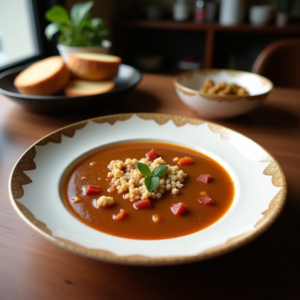 Cuenco blanco hondo con sopa Joel Robuchon de color crema, decorada con láminas oscuras de trufa negra y un hilo de aceite de trufa, sobre fondo rústico de madera.