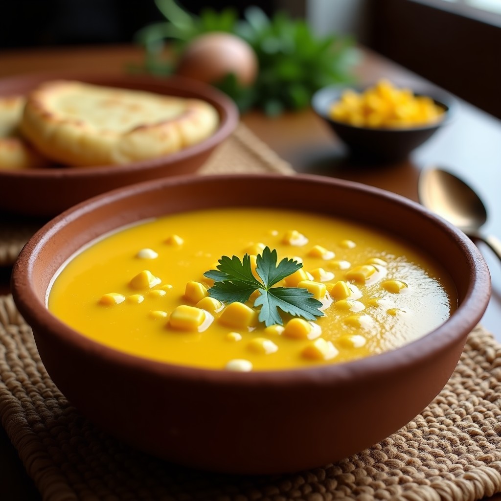 Plato hondo de barro con sopa de jojoto cremosa, trozos de maíz tierno y queso costeño derretido, decorada con cilantro fresco. Receta tradicional venezolana.