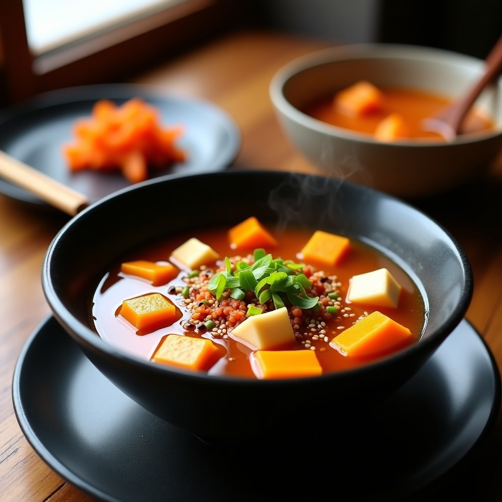 Cuenco hondo de cerámica negra con sopa coreana de kimchi y calabaza kabocha, tofu en cubos, semillas de sésamo y cebollino fresco, sobre fondo de madera rústica con luz cálida.