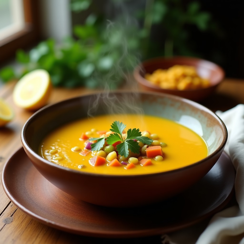 Tazón de sopa de lentejas amarelas y cúrcuma brasileña en olla exprés, con un color dorado vibrante, decorado con cilantro fresco y una rodaja de limón siciliano. Plato detox cremoso y reconfortante.