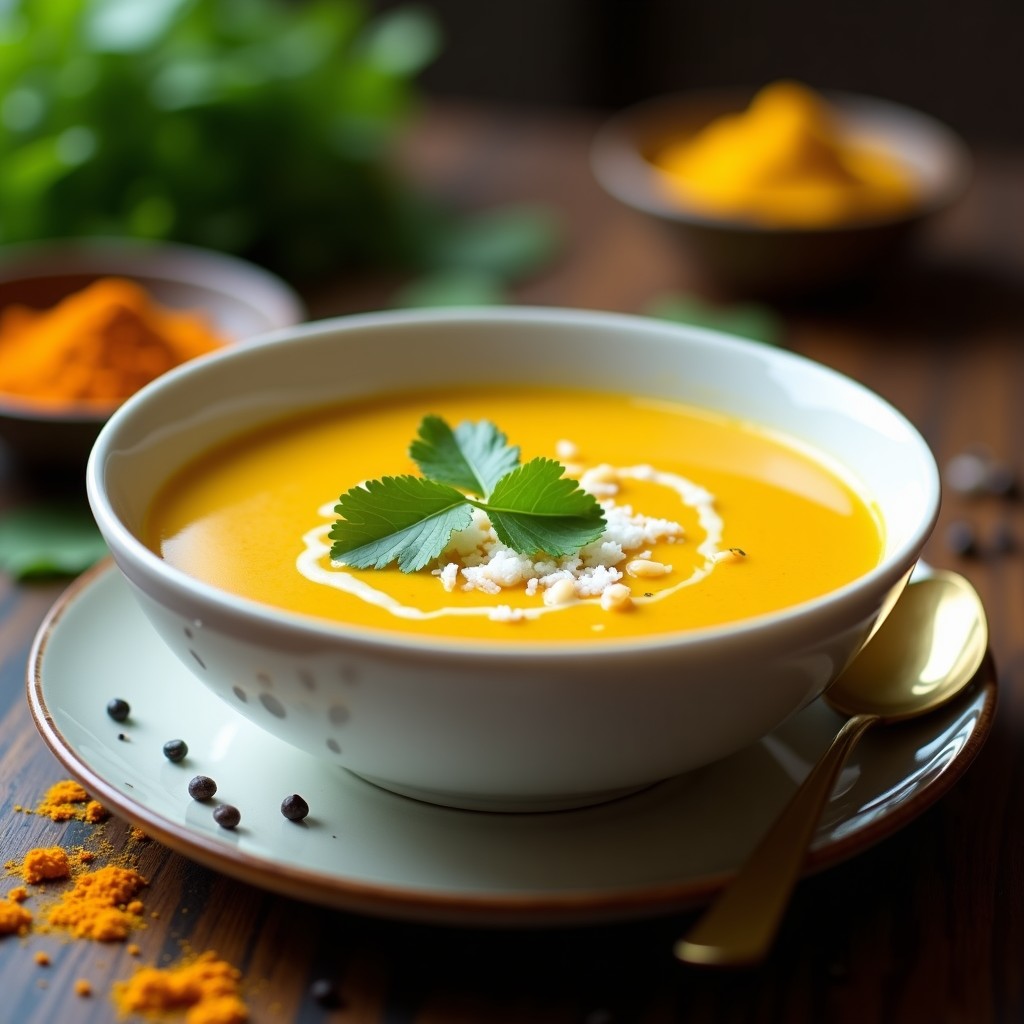 Sopa esponjosa de lentejas amarillas con destellos dorados de cúrcuma, servida en un bol de barro con un hilo de leche de coco y hojas de cilantro fresco. Acompañada de rodajas de limón y semillas de mostaza en la superficie.