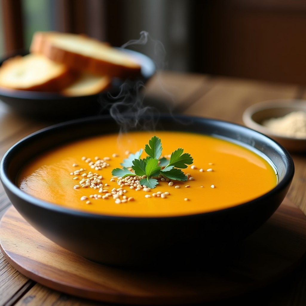 Cuenco hondo de cerámica blanca con sopa de lentejas corail y calabaza con toque de azafrán, decorada con cilantro fresco y hebras de azafrán, sobre fondo rústico de madera con cuchara de madera.