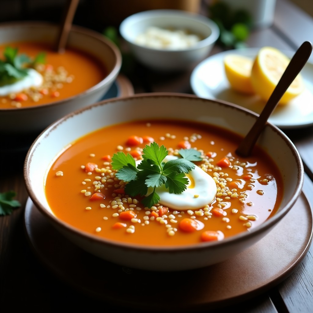 Cuenco hondo de cerámica blanca con sopa de lentejas Corail de color dorado, decorada con yogur griego, cilantro fresco y semillas de sésamo tostado. Al fondo, rodajas de limón confitado y una cuchara de madera. Estilo rústico y apetitoso, típico de la cocina libanesa.