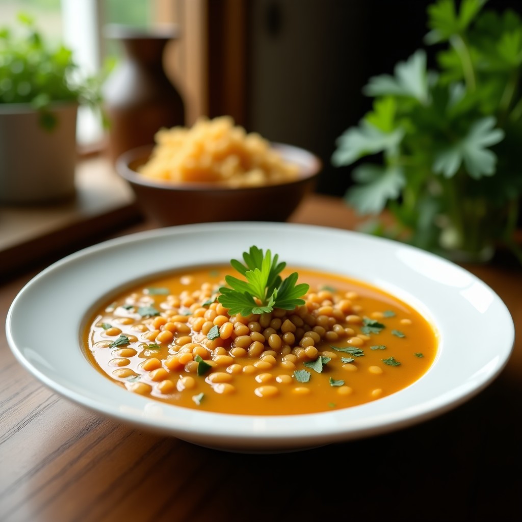 Sopa india vegana de lentejas corail con leche de coco en cuenco hondo de barro, decorada con cilantro fresco picado y rodaja de limón, sobre fondo rústico de madera con especias al lado.