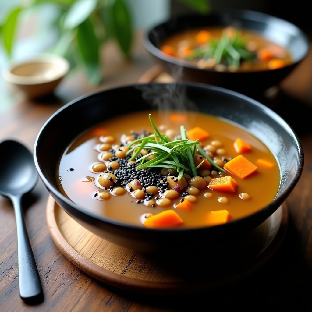 Cuenco hondo de cerámica negra con sopa de lentejas y kombu con jengibre, decorada con semillas de sésamo negro y cebollino fresco. Fondo de madera rústica y cuchara de madera. Receta japonesa detox en olla exprés.