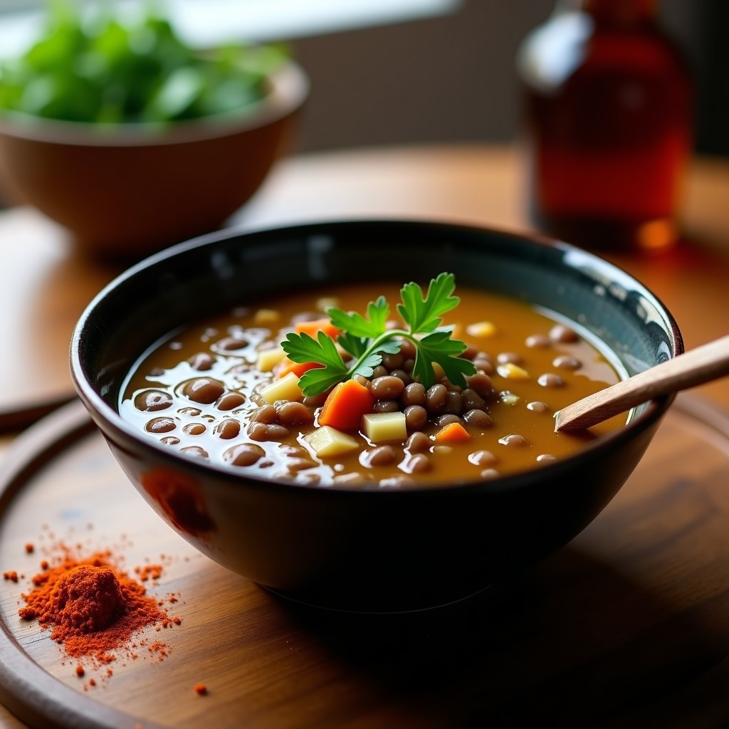 Cuenco hondo de cerámica oscura con sopa espesa de lentejas negras y trozos de puerro, coronada con perejil fresco y un hilo de aceite de oliva. Al fondo, cucharón de madera y pimentón espolvoreado sobre la mesa rústica.