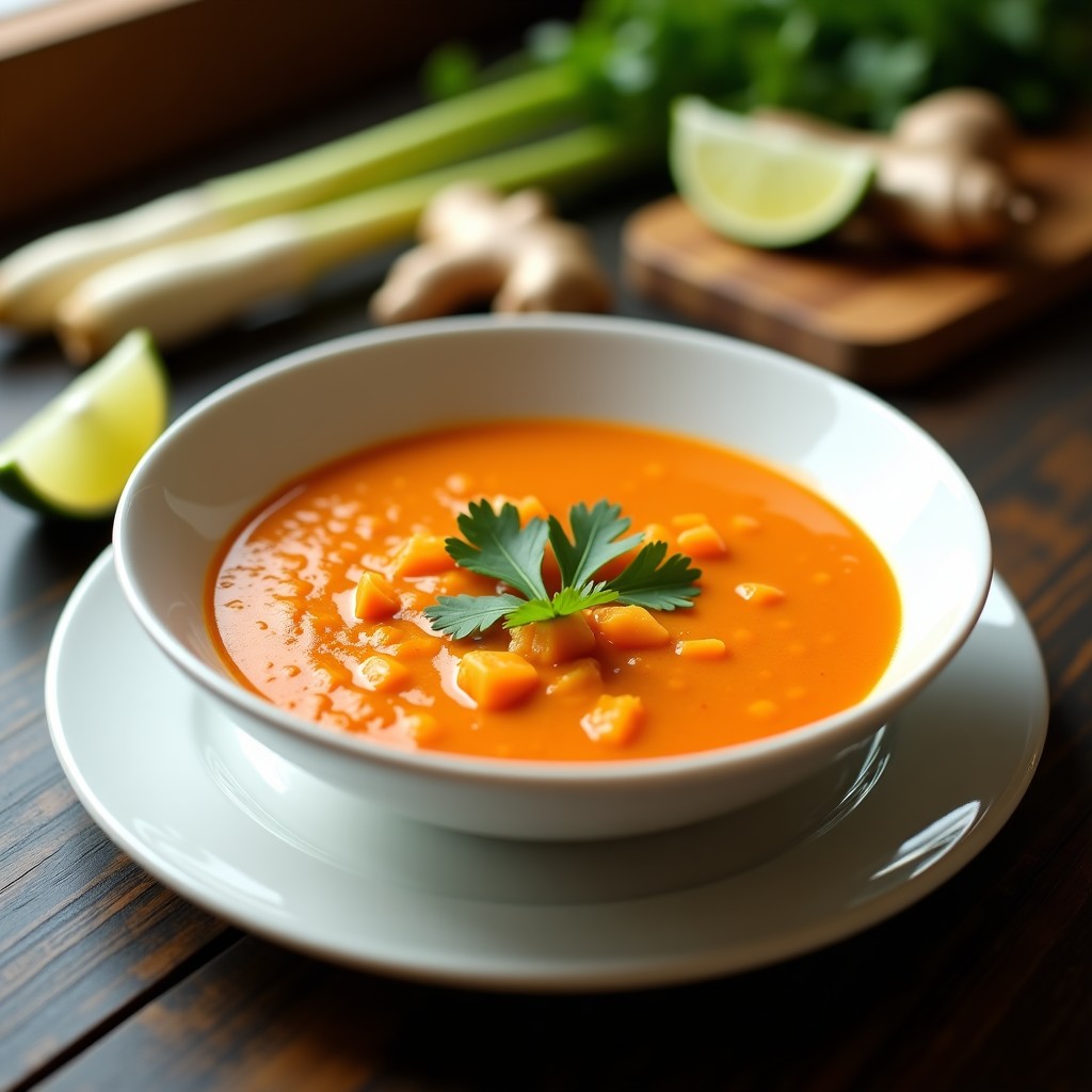 Cuenco hondo de cerámica oscura con sopa cremosa de lentejas rojas y batata, coronada con semillas de sésamo, cilantro fresco y rodajas de lima. Fondo borroso con hierba limón y jengibre fresco como decoración. Receta tailandesa de sopa en olla rápida.