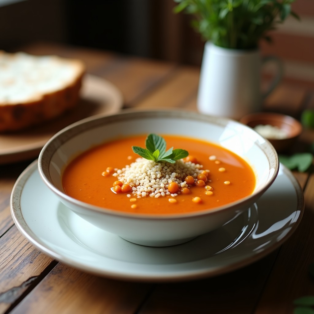 Cuenco hondo de barro con sopa de lentejas rojas y coco de color dorado, espolvoreada con coco rallado tostado y cilantro fresco. Al fondo, especias indianas y una cuchara de madera. Receta en olla exprés con especias indianas.