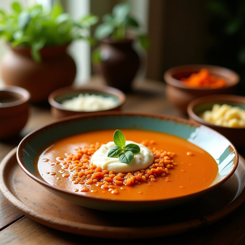 Plato hondo de cerámica blanca con sopa de lentejas rojas y coco de color dorado cremoso, decorada con hojas de cilantro fresco y rodajas de lima. Fondo rústico con especias de Sri Lanka esparcidas (hojas de curry, semillas de mostaza). Receta en olla express.