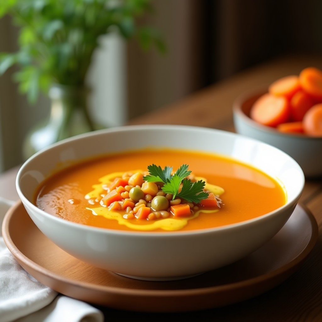 Cuenco hondo de cerámica blanca con sopa de lentejas rojas y cúrcuma, decorado con cilantro fresco y un chorrito de aceite de oliva, sobre fondo rústico de madera.