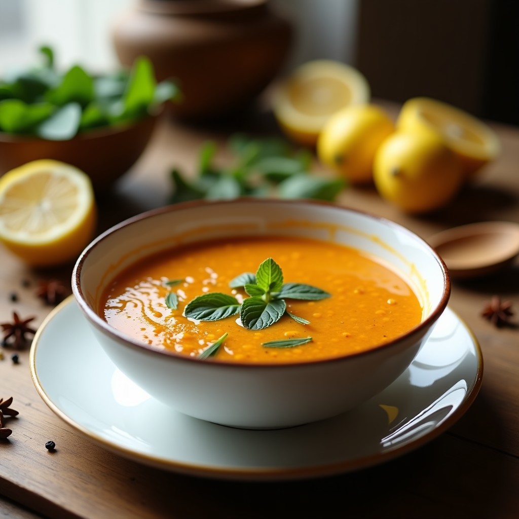 Cuenco hondo de cerámica blanca con sopa turca de lentejas rojas y espinacas, toque de limón y yogur griego, decorado con cilantro fresco sobre mesa de madera rústica.