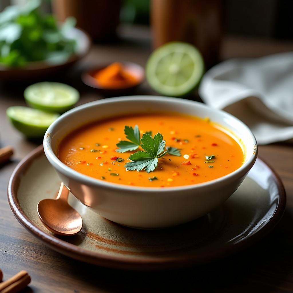 Cuenco hondo de cerámica blanca con sopa cremosa de lentejas rojas y espinacas, decorada con hojas de cilantro fresco y un chorrito de jugo de lima. Fondo de madera rústica con especias indias al lado.
