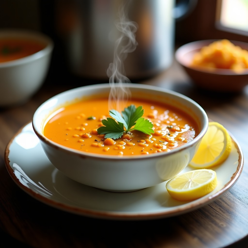 Cuenco hondo de cerámica blanca con sopa de lentejas rojas y jengibre en olla express, decorada con cilantro fresco y rodaja de limón, sobre fondo de madera rústica con especias ayurvédicas al lado.