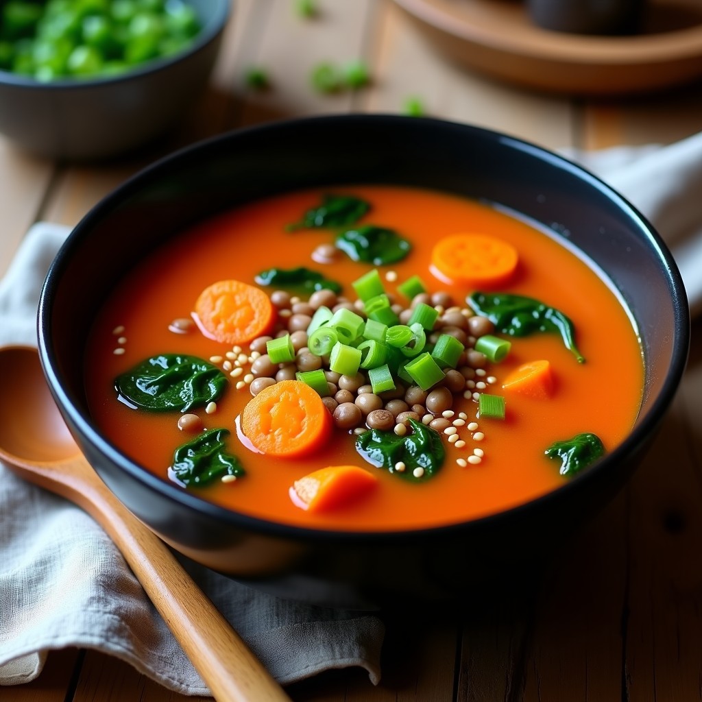 Sopa coreana picante de lentejas rojas y kochujang con espinacas frescas, servida en un bol hondo de cerámica blanca con semillas de sésamo y cebollino espolvoreados, fondo rústico de madera oscura.