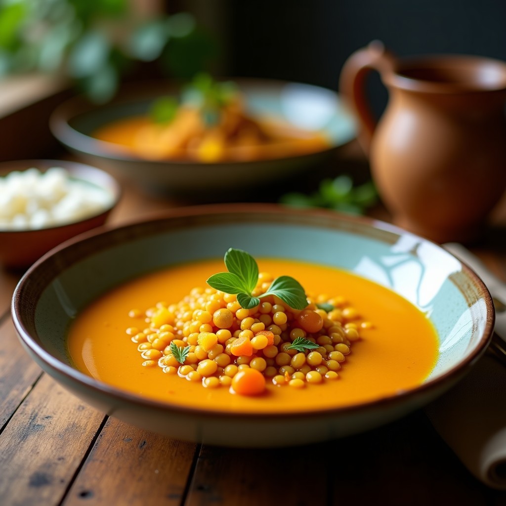Cuenco de cerámica blanca con sopa de lentillas de coral de color dorado, coronada con un hilo de aceite de coco y hojas de cilantro fresco. Fondo con especias indias (cúrcuma, comino) y una cuchara de madera. Receta vegana india cremosa y antiinflamatoria.