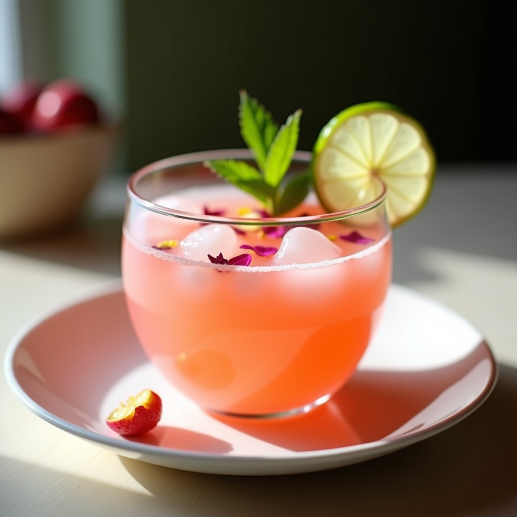 Copa transparente con sopa fría de lichi y jengibre, decorada con pétalos de rosa y hojas de menta, sobre fondo de madera clara con luz natural.