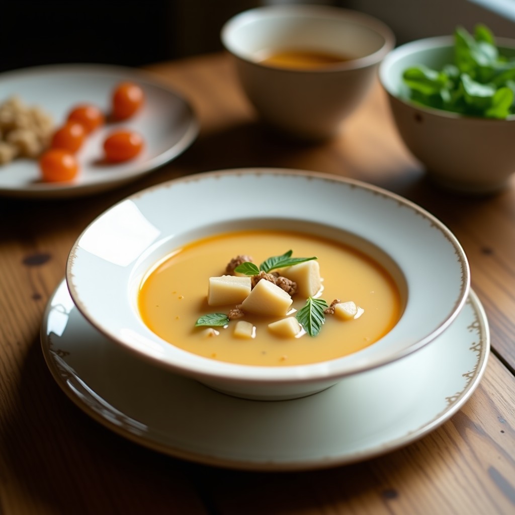 Tazón de porcelana blanca con sopa de lichi y jengibre con coco tailandesa, decorada con cilantro fresco y rodajas de chile rojo, sobre fondo de madera oscura con hojas de limón kaffir.