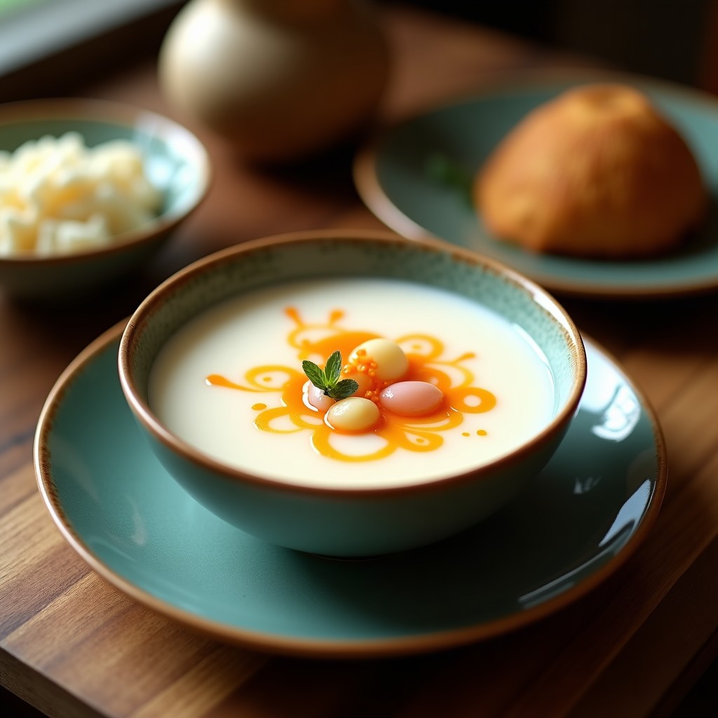 Cuenco blanco con sopa fría de lichi y jengibre con leche de coco, decorada con hojas de menta, cilantro fresco, semillas de sésamo y rodajas de limón. Plato refrescante y tailandés con colores vibrantes.