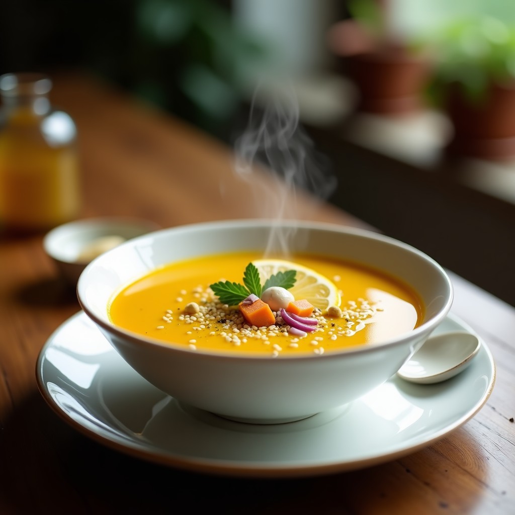 Cuenco de cerámica blanca con sopa de alma de litchi y jengibre, decorada con cilantro fresco, semillas de sésamo y jengibre rallado. Fondo de madera oscura con rodaja de limón y cucharón de bambú. Receta china desintoxicante en olla express.