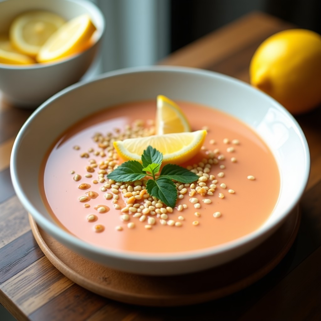 Cuenco blanco de cerámica con sopa de litchi y jengibre con toque de limón, decorada con cilantro fresco, semillas de sésamo y rodajas de limón, sobre fondo de madera rústica con luz natural suave.