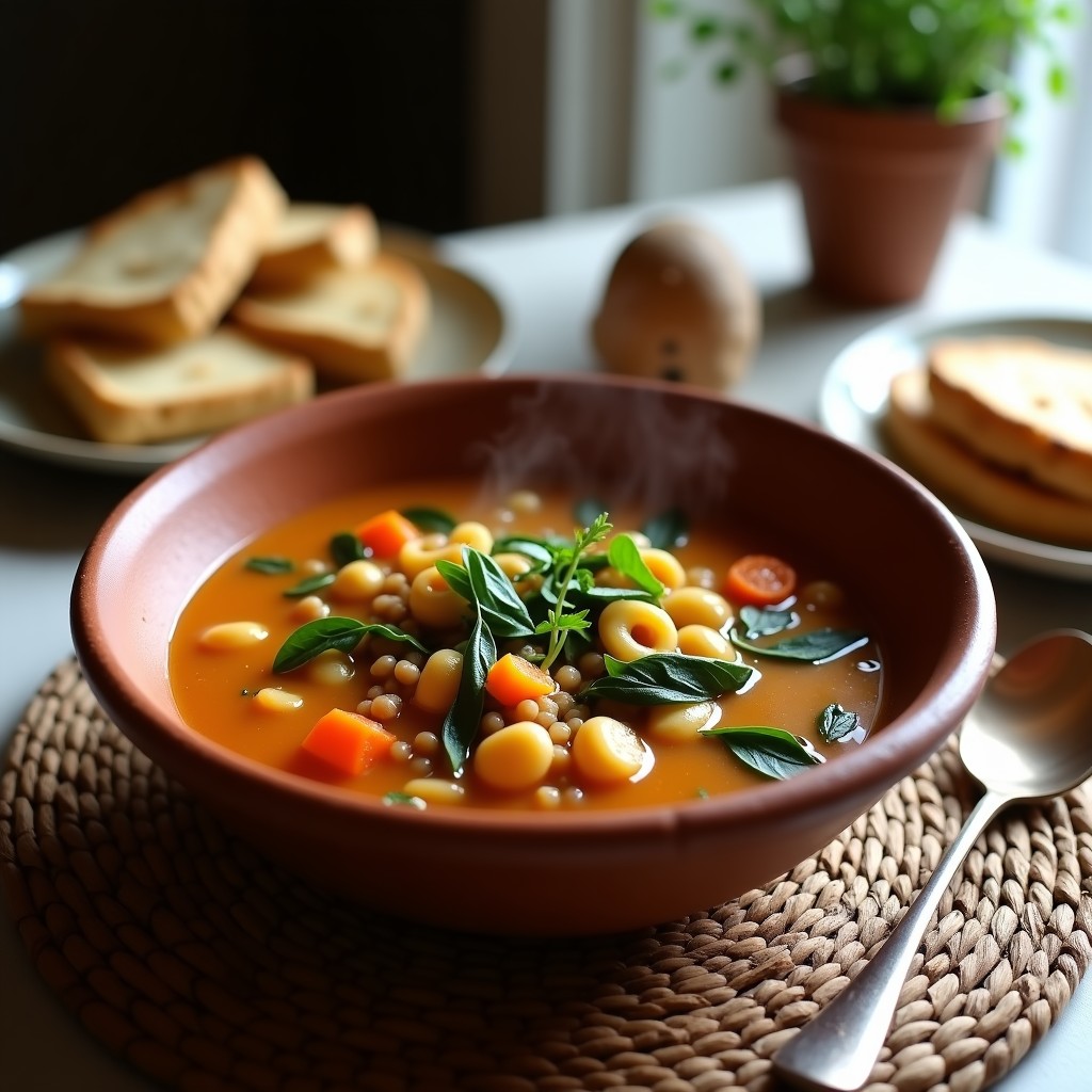 Plato hondo de barro con sopa espesa de macarrones integrales, lentejas pardina y espinacas frescas, decorada con perejil picado y un chorrito de aceite de oliva. Receta griega vegana en olla exprés.