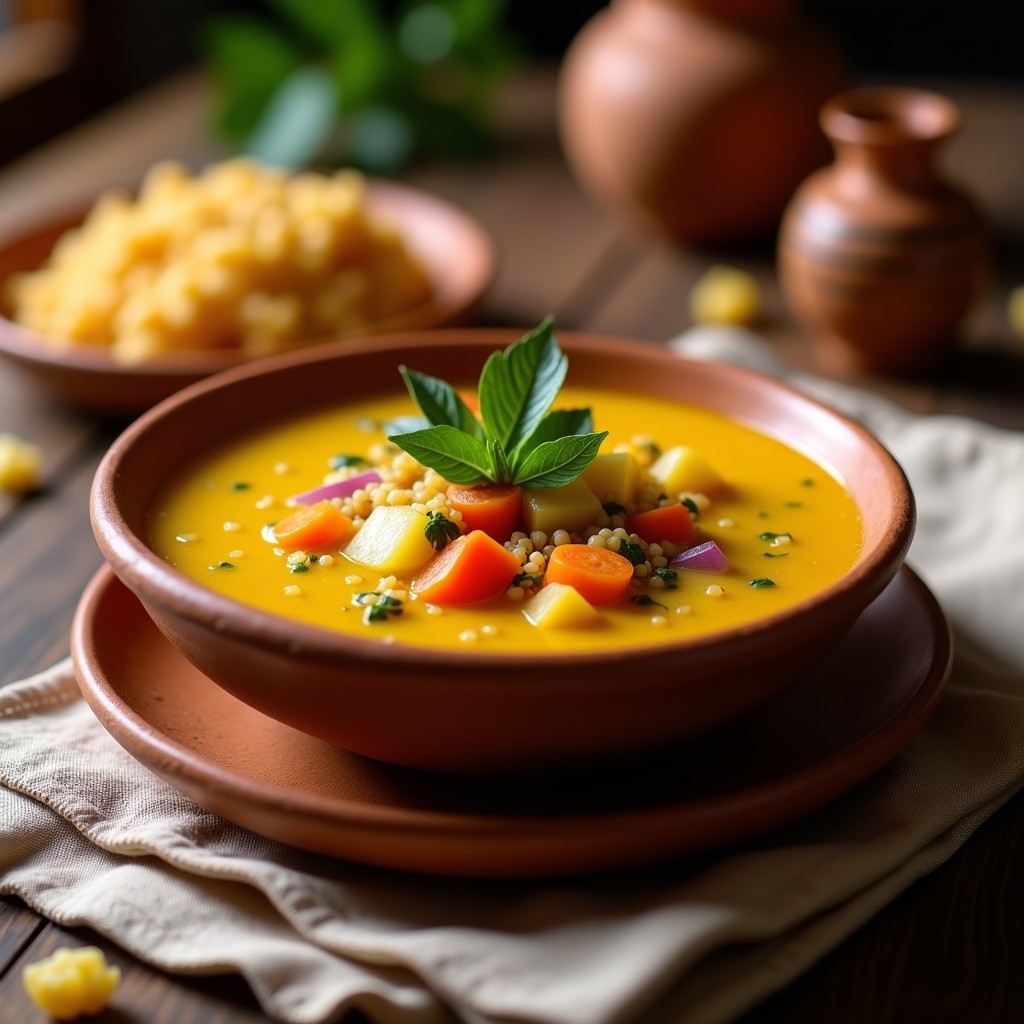 Sopa boliviana de machuquiño y quinoa en un bol de barro, con textura cremosa, trozos de machuquiño y quinoa visible, decorada con hojas de huacataya y un hilo de aceite de oliva, sobre una mesa rústica con fondo de telas andinas.