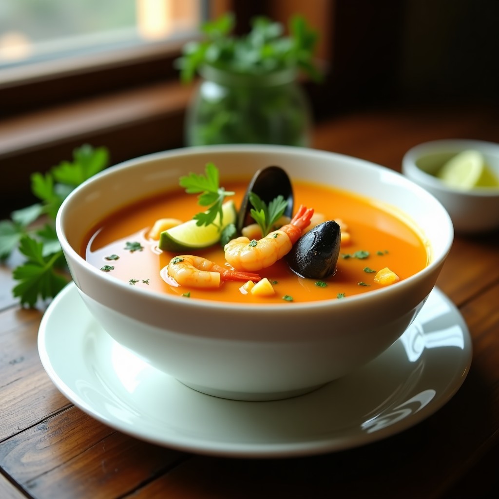 Cuenco hondo de cerámica blanca con sopa de mariscos y cúrcuma tailandesa, gambas rosadas y mejillones negros flotando en un caldo dorado cremoso, decorado con hojas de cilantro verde y rodajas de chile rojo, servido sobre una mesa de madera rústica con hierba limón al lado.