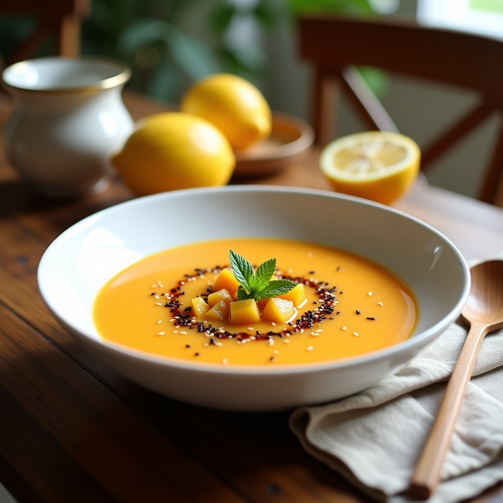 Cuenco de porcelana blanca con sopa fría de melocotón y jengibre, coronada con vinagreta de sésamo, semillas de sésamo negro y hojas de cilantro. Fondo de madera clara y trozos de melocotón fresco al lado.