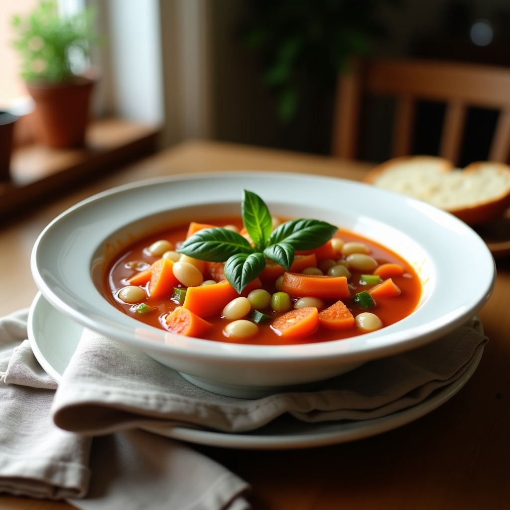 Cuenco de sopa minestrone vegana en Thermomix, con trozos de zanahoria, apio, espinacas y pasta small shells, decorada con hojas de albahaca fresca.