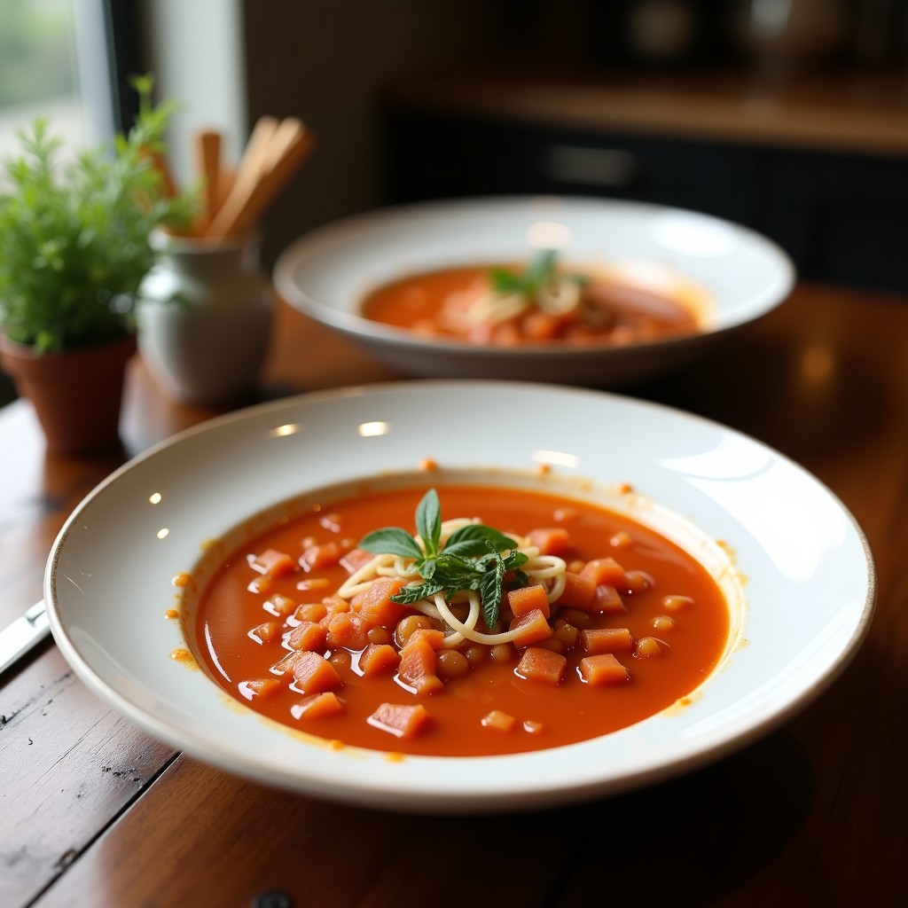 Cazuela de barro humeante con sopa minestrone vegana, llena de verduras coloridas, legumbres y pasta integral, decorada con hojas de albahaca fresca.