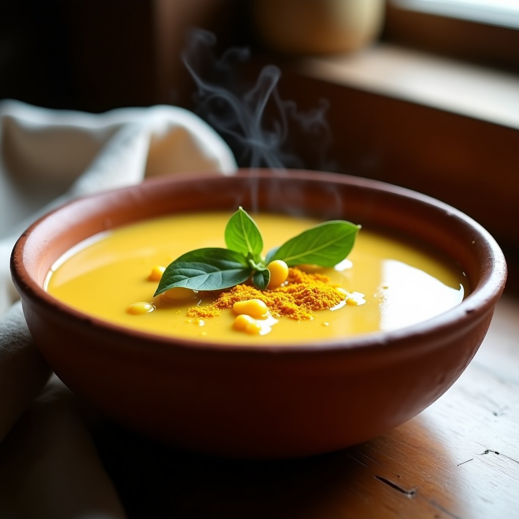Plato hondo de barro con sopa de misca y maíz andy, espesa y de color crema, con trozos de papa amarilla, granos de maíz tierno y hojas de hierbabuena fresca. Receta tradicional sin lactosa en olla express.