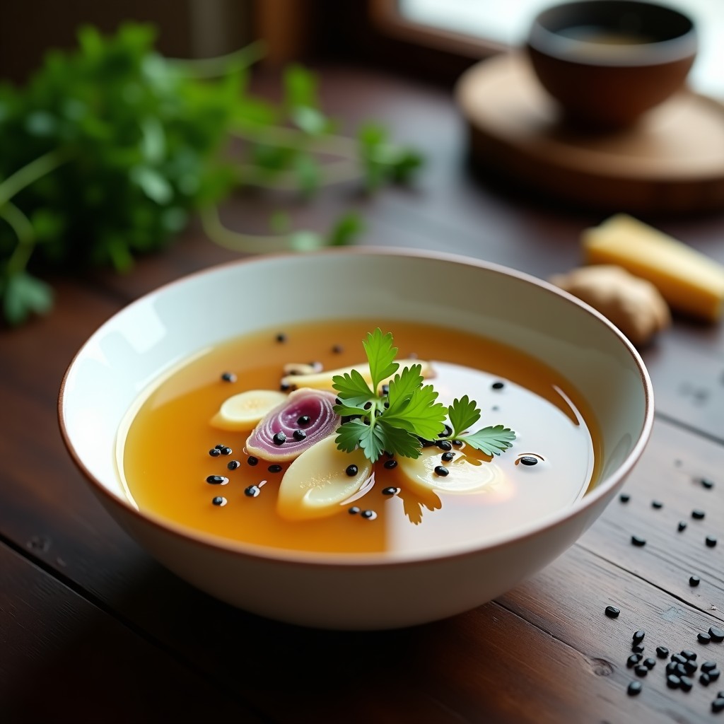 Cuenco de cerámica blanca con sopa de miscanto y jengibre, decorada con tofu sedoso, brotes de soja, cilantro fresco y un hilo de aceite de sésamo. Plato detox chino con fondo de madera rústica y utensilios de bambú.