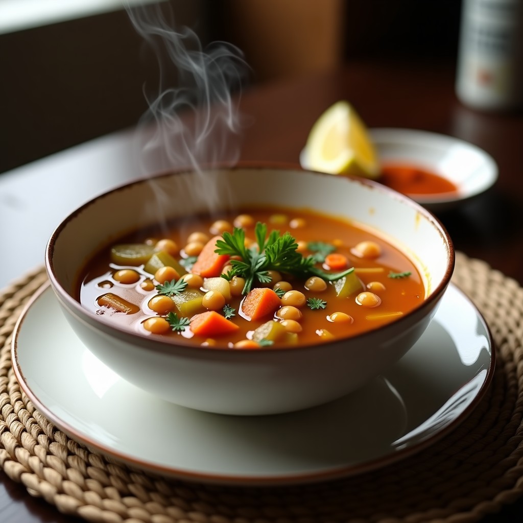 Cuenco hondo de cerámica blanca con sopa de miscot y especias bereberes, garbanzos y verduras en trozos, decorada con perejil fresco y un hilo de aceite de oliva. Plato tradicional marroquí servido en olla express.